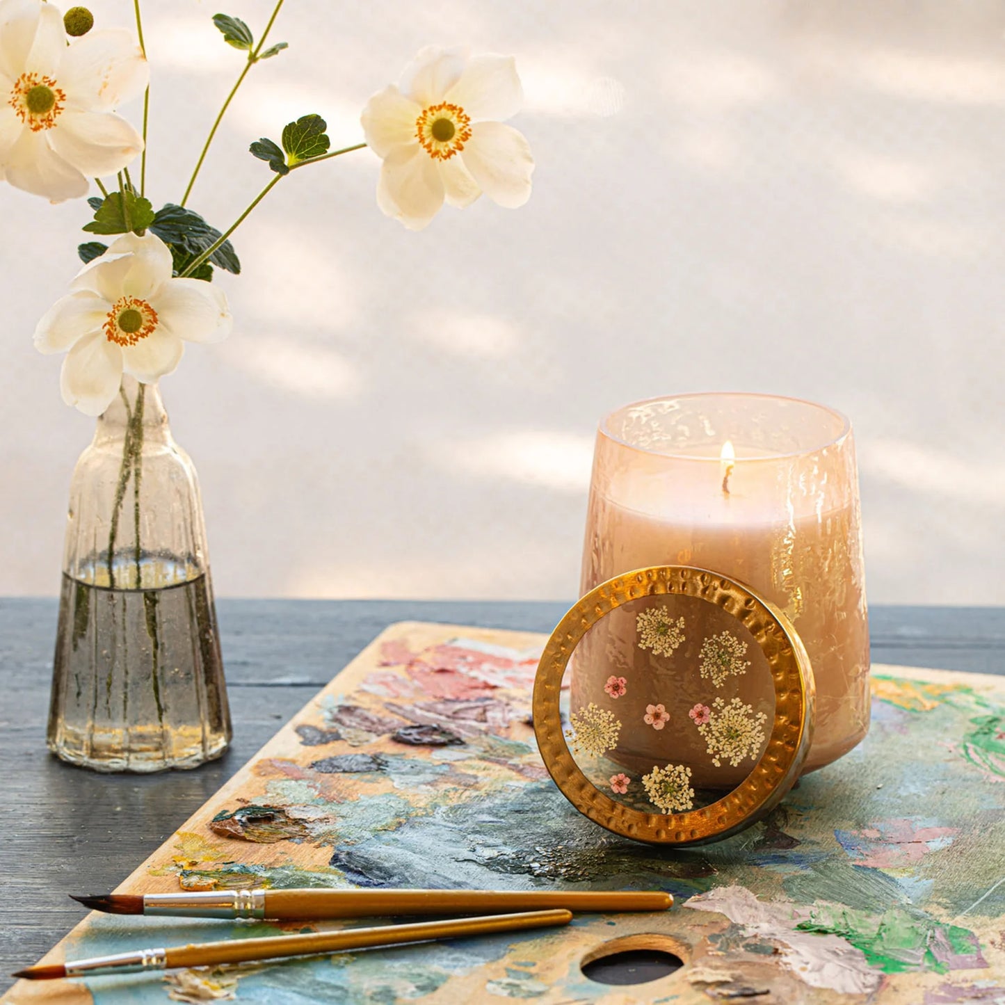 Rosy Rings, Tall Rose + Oud Watercolor Pressed Floral Candle 12 oz - Boutique Dandelion