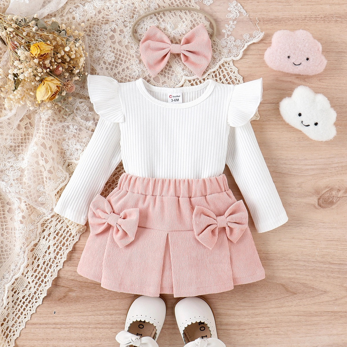 3-Piece Long Sleeve Top Pleated Bow Skirt Headband Set