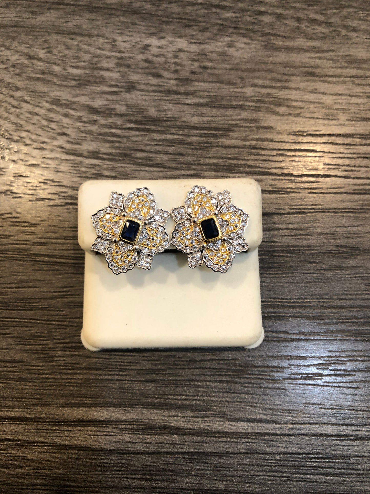Blue Flower Two Tone CZ Earrings
