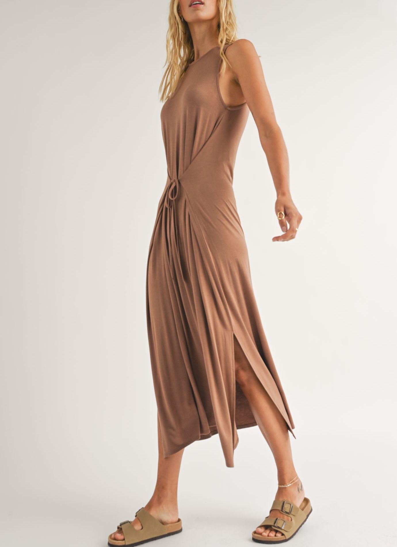 Sadie & Sage, Vacay Tie Front Midi Dress in Cappuccino - Boutique Dandelion