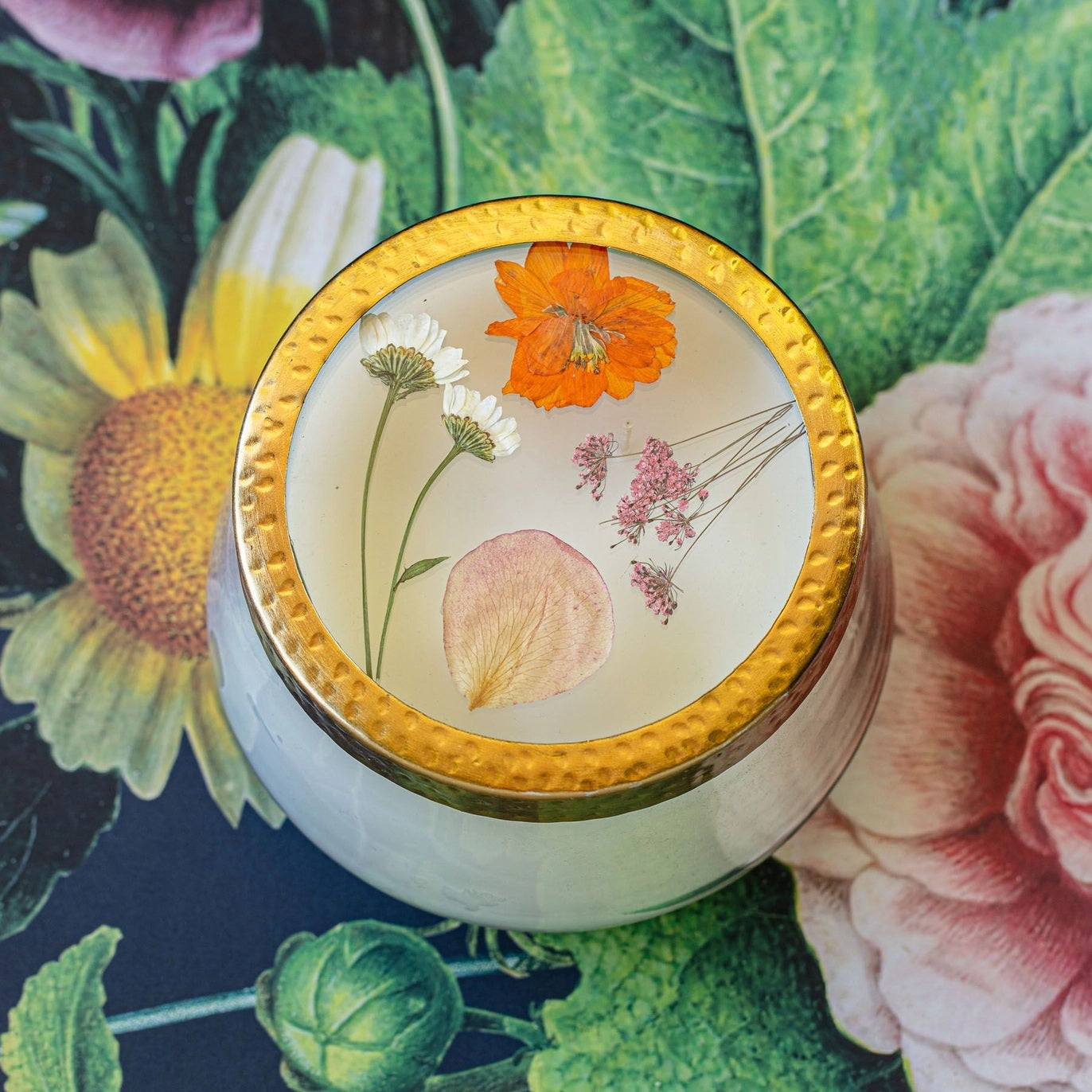 Rosy Rings, Apricot Rose Pressed Flower Candle