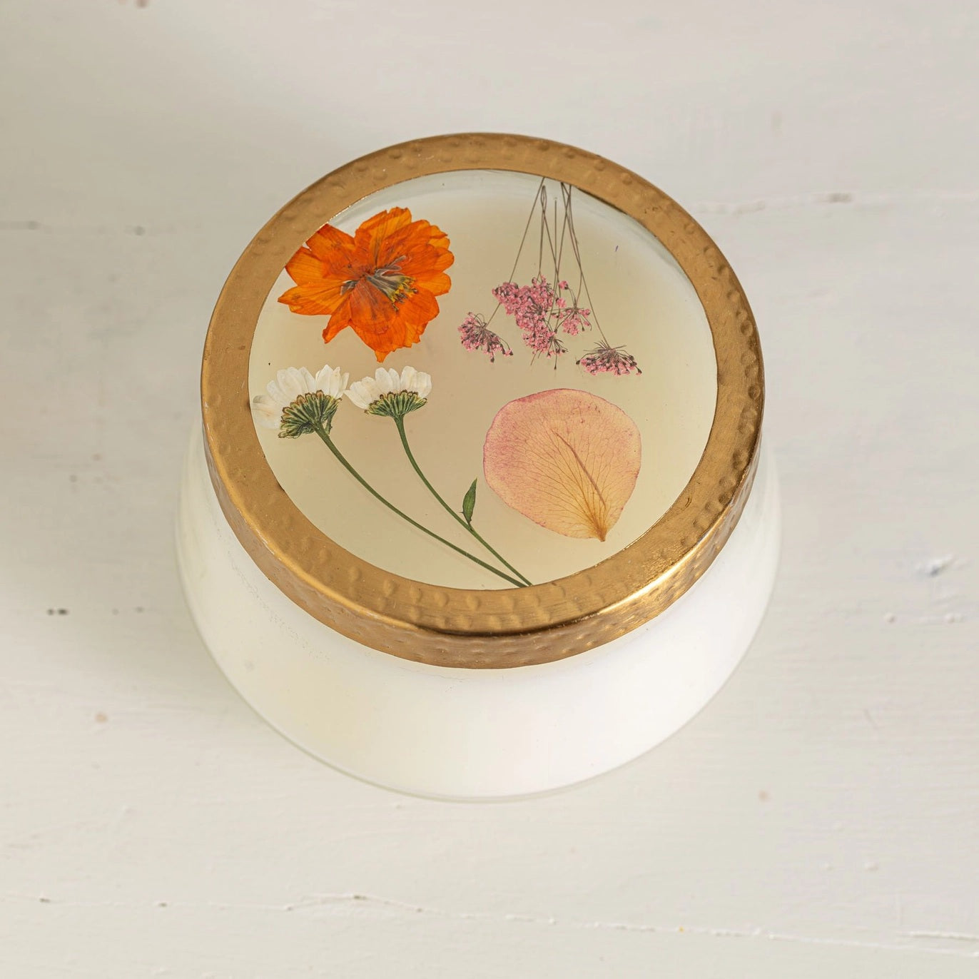 Rosy Rings, Apricot Rose Pressed Flower Candle