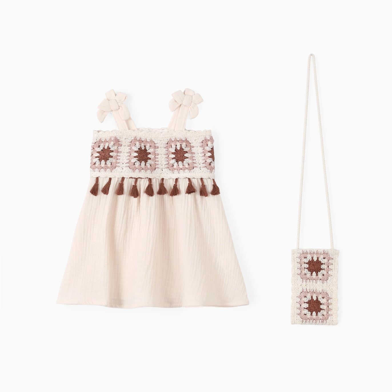 2-Piece Boho Tassel Dress & Bag For Baby Toddler