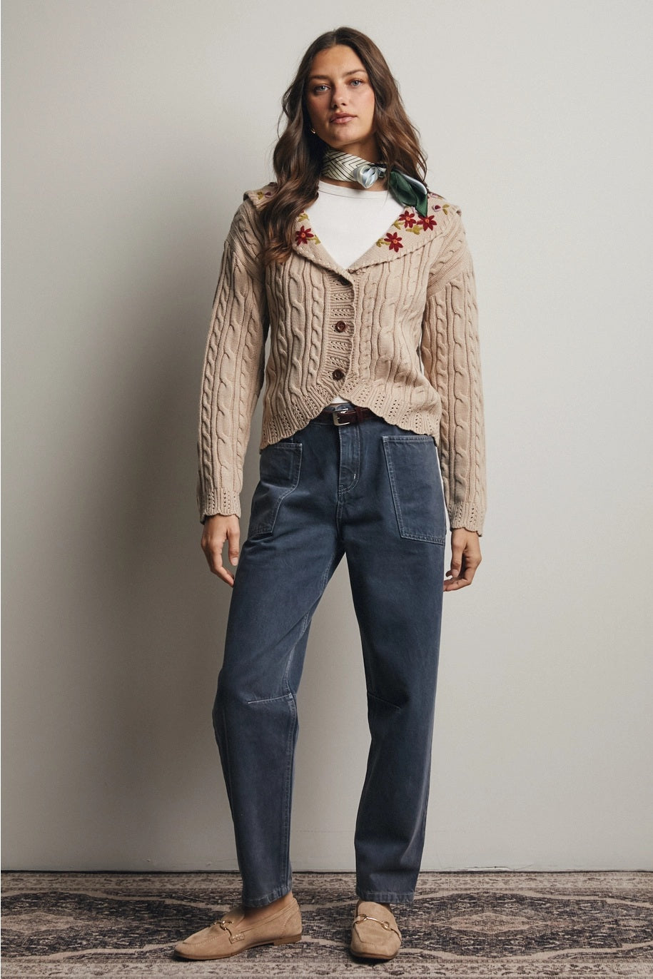 Flower Embroidered Collar Cable Knit Cardigan