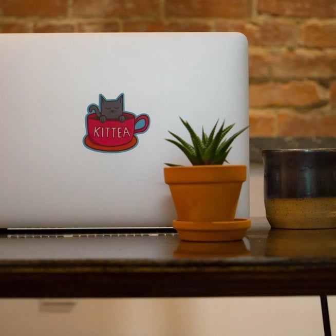 Little Hiker Bird, Kittea Cat in A Teacup Vinyl Sticker
