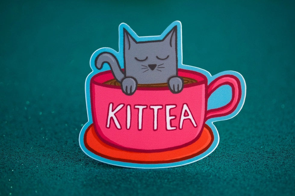 Little Hiker Bird, Kittea Cat in A Teacup Vinyl Sticker