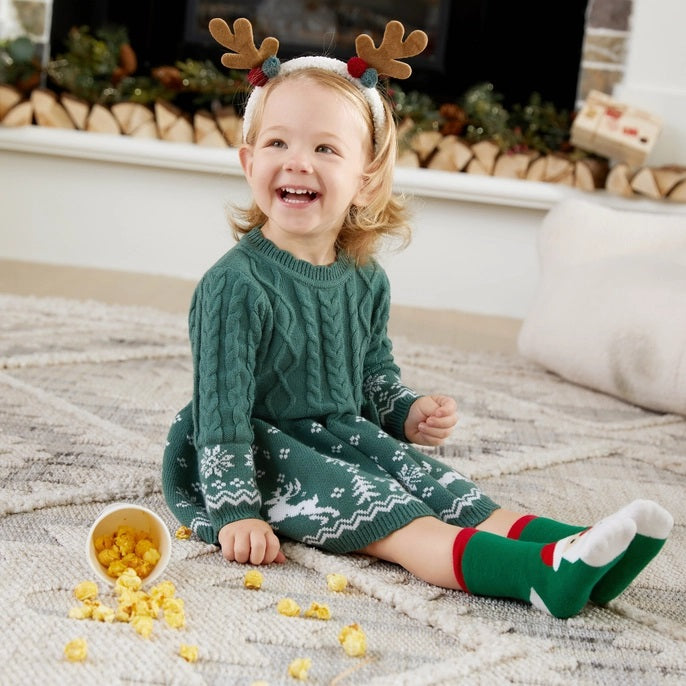 Christmas Reindeer Hoilday Sweater Dress For Baby Toddler