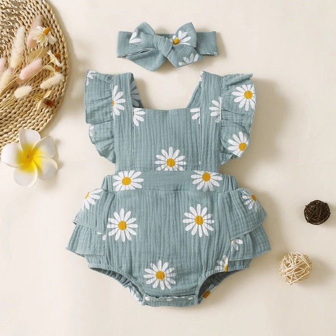 Cotton Daisy Print Baby Romper Headband Set