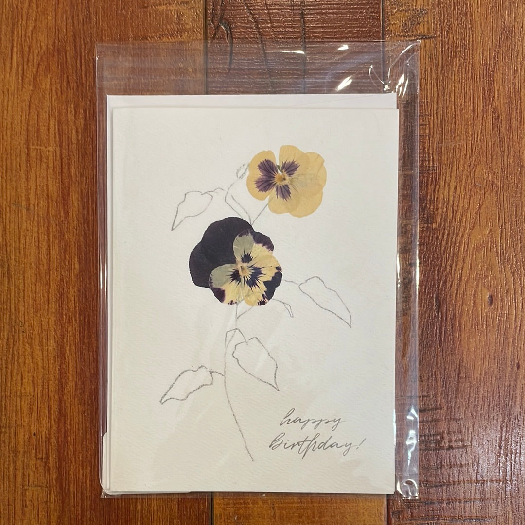 Rosy Rings, Happy Birthday Card - White & Purple Pansy Pressed Stationery