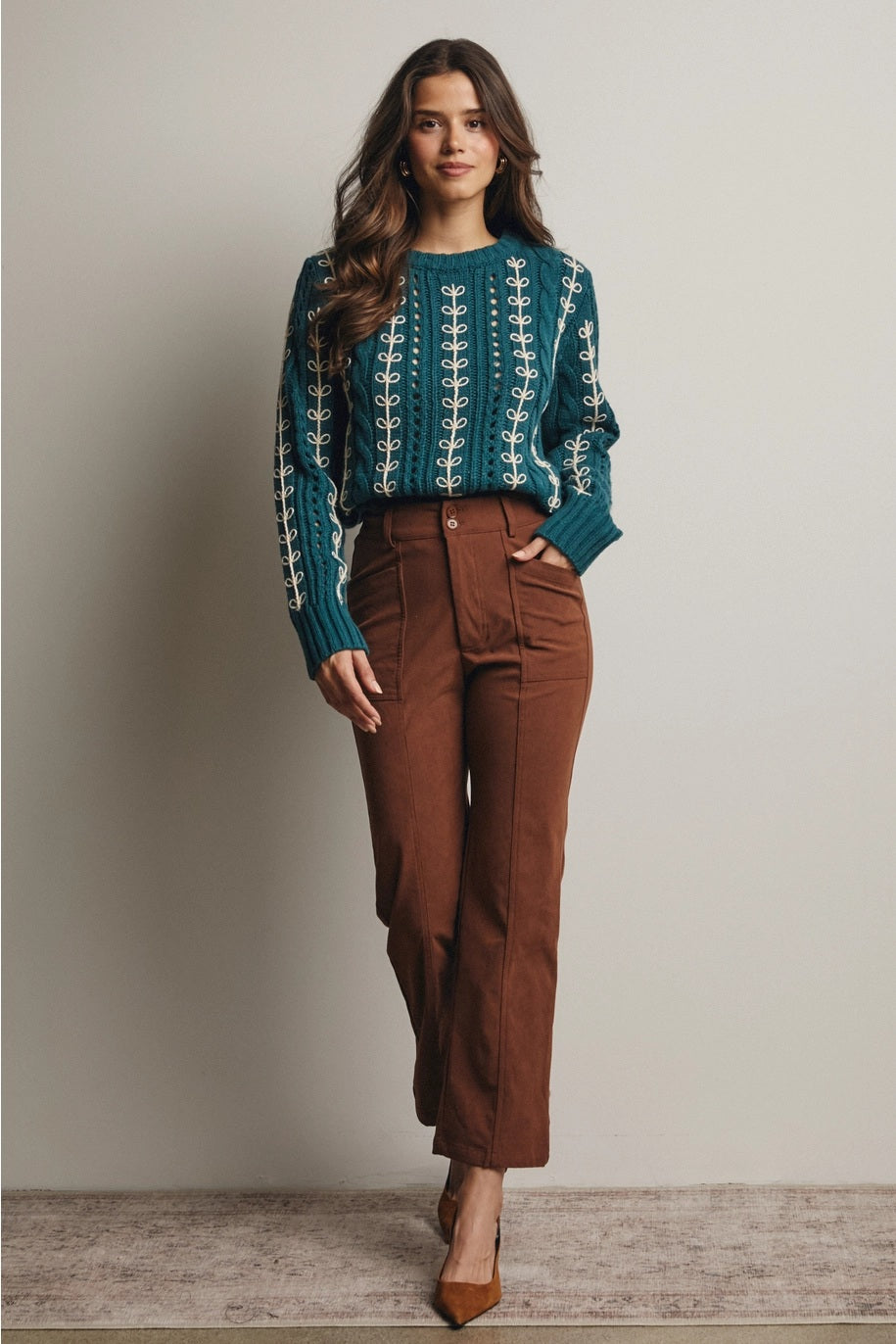 Embroidered Cable Knit Pullover