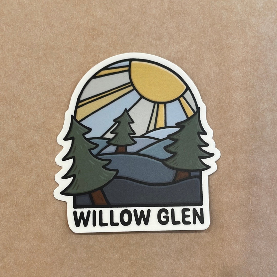 Little Hiker Bird, Willow Glen, San Jose, California - Vinyl Sticker - Dishwasher Safe Weather Resistant UV Protected - Evergreen Trees - Boutique Dandelion