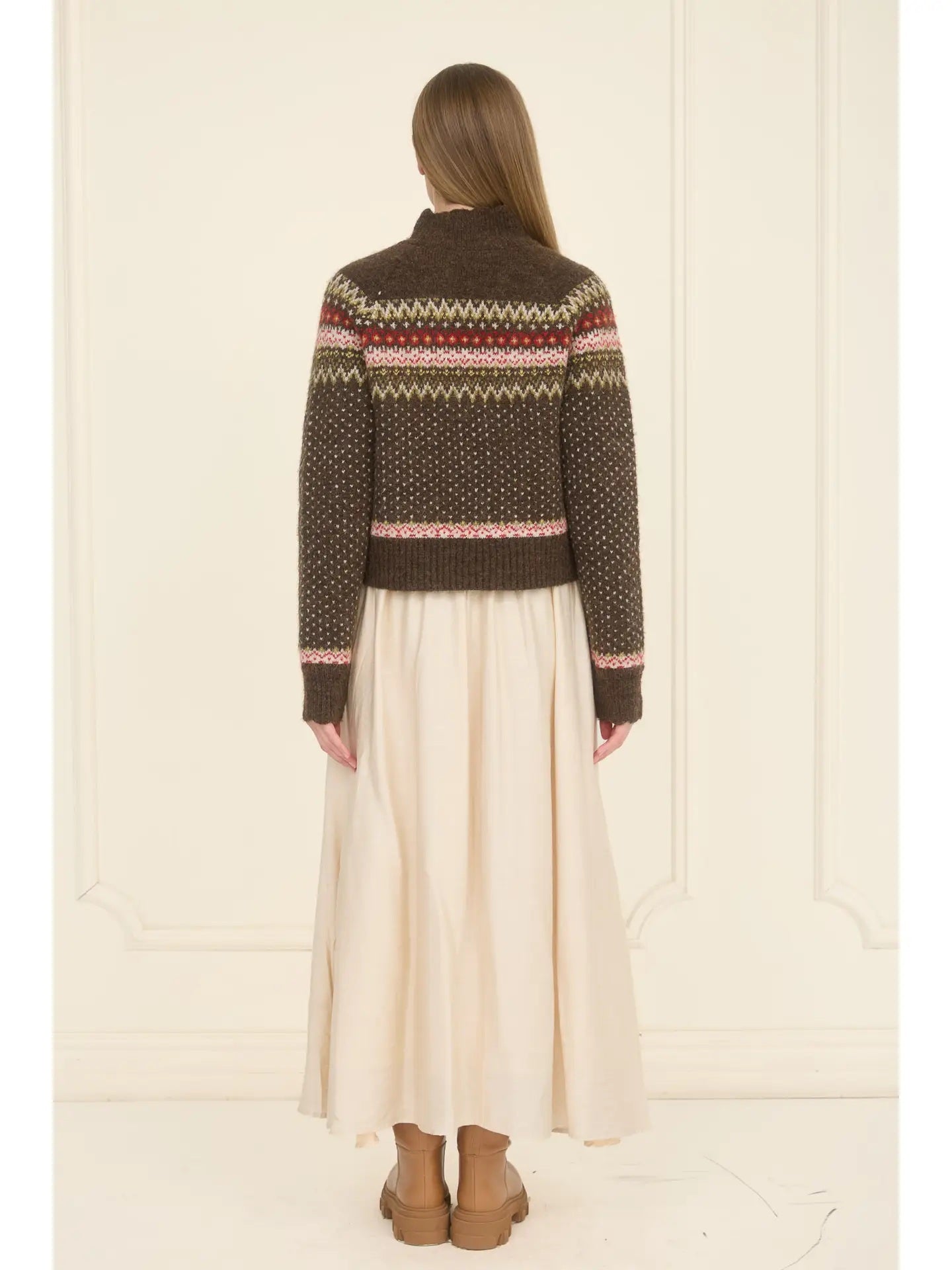 Fair Isle Mock Neck Button Down Cardigan