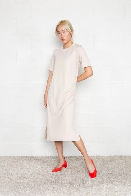 NLT, Harriet Heavy Knit Midi T-Shirt Dress with Side Slits in Stone - Boutique Dandelion