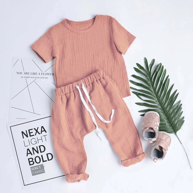 Linen Short Sleeve Top Pant Set for Baby Toddler