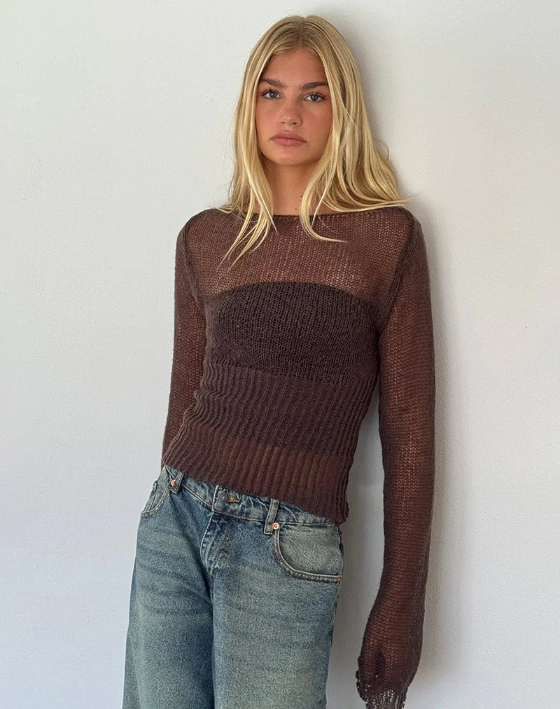 Motel Rocks, Manon Long Sleeve Sheer Knit Top in Chocolate Brown - Boutique Dandelion