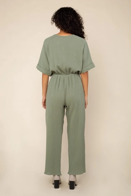 NLT, Millie Button Up Cotton Gauze Jumpsuit with Side Pockets in Sage - Boutique Dandelion