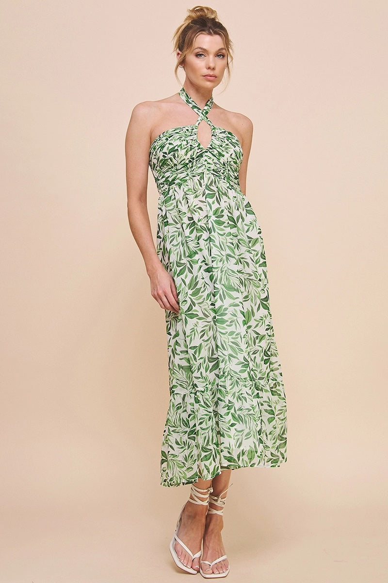 Fern Print Chiffon Halter Midi Dress