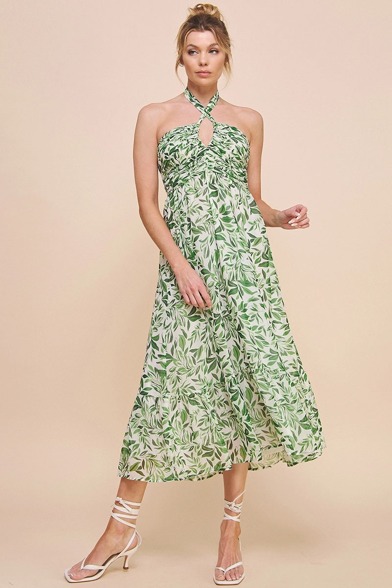 Fern Print Chiffon Halter Midi Dress