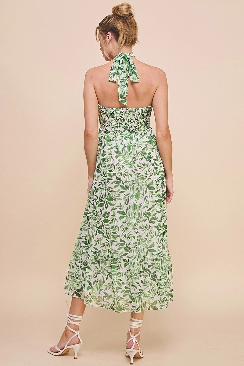 Fern Print Chiffon Halter Midi Dress