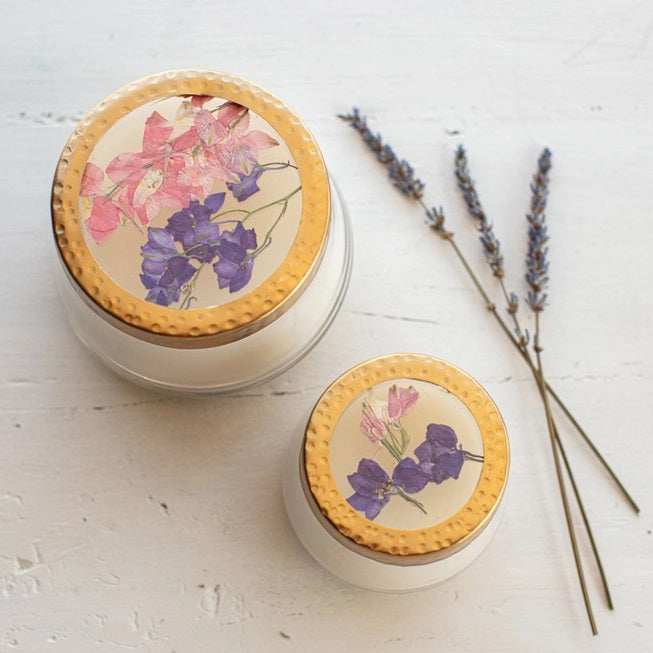 Rosy Rings, Roman Lavender Pressed Flower Candle - Boutique Dandelion