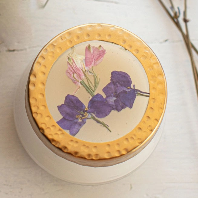 Rosy Rings, Roman Lavender Pressed Flower Candle - Boutique Dandelion