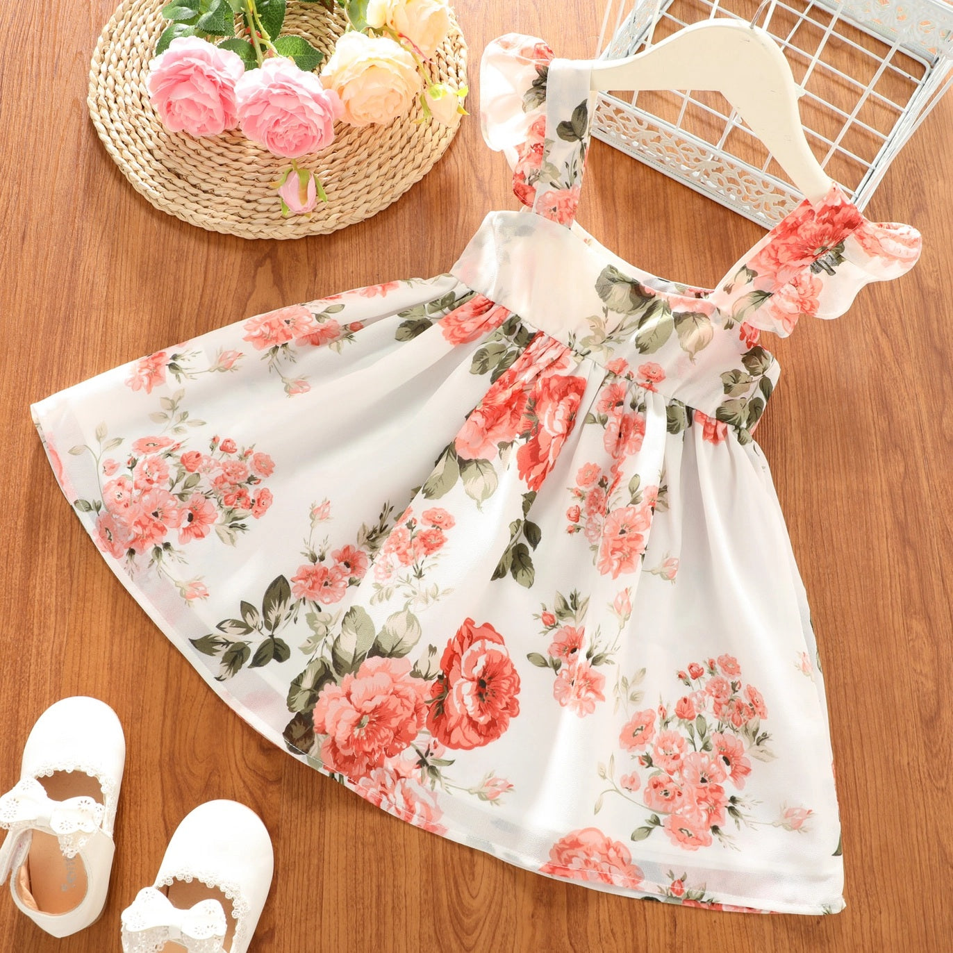 Floral Square Neck Tie Back Chiffon Dress For Toddler Girls