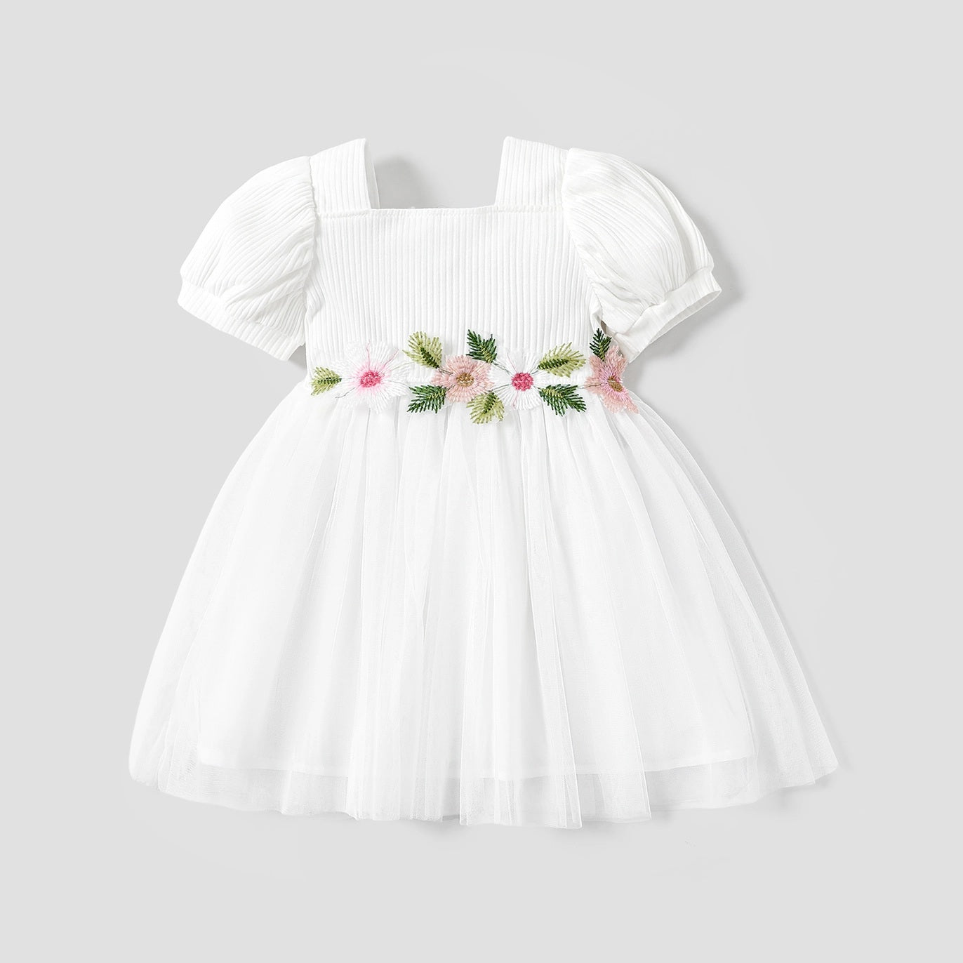 Puff Sleeve Floral Tulle Dress For Toddler Girl