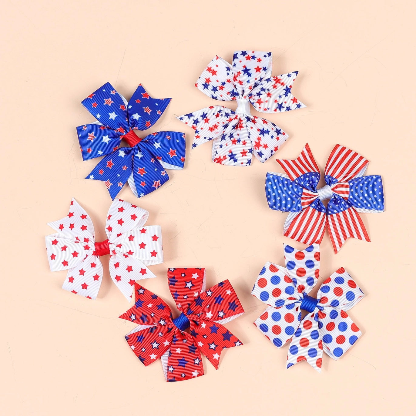 Toddler Kids Red White Blue Bow 2-Piece Hair Clip Set