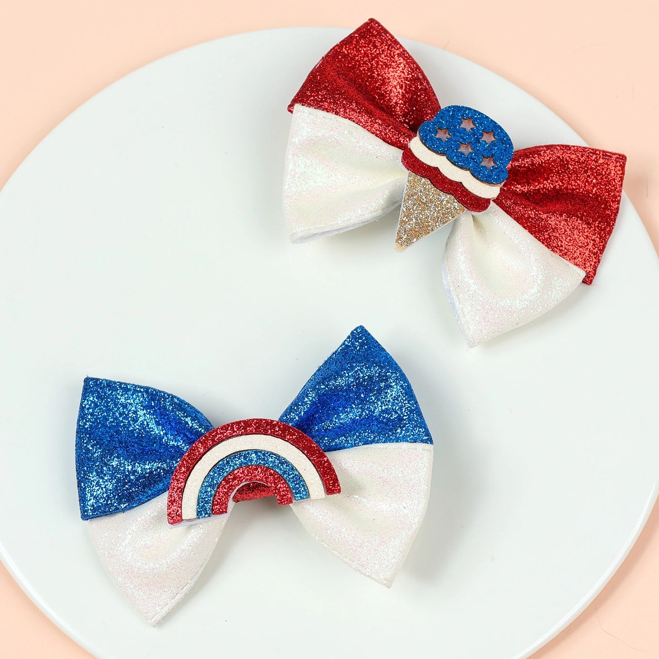 Toddler Kids Red White Blue Glittery Bow Hair Clip
