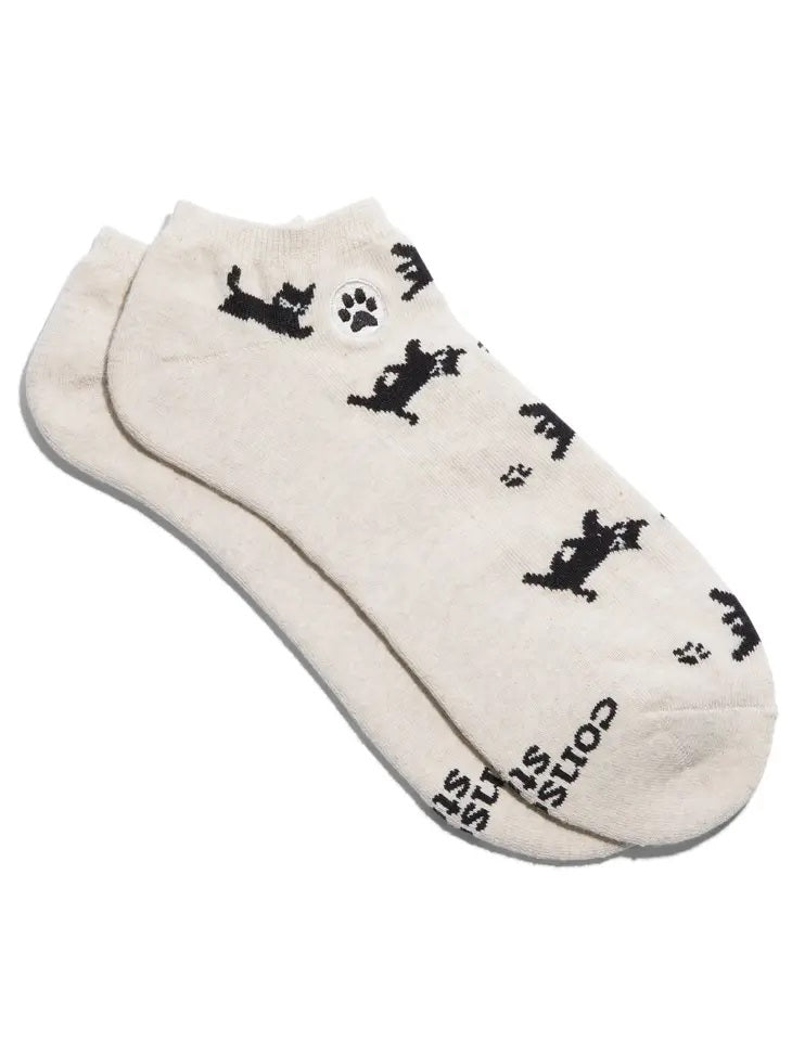 Conscious Step, Ankle Socks That Save Cats - Prancing Paws Beige Black Cats - Boutique Dandelion