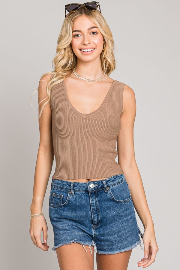 Ribbed Bodycon V-Neck Tank