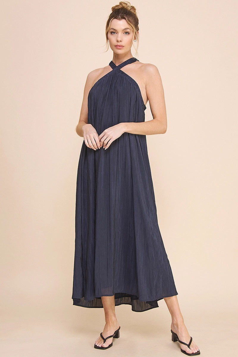 Flowy Textured Halter Neck Maxi Dress L / NAVY Flowy Textured Halter Neck Maxi Dress L / NAVY