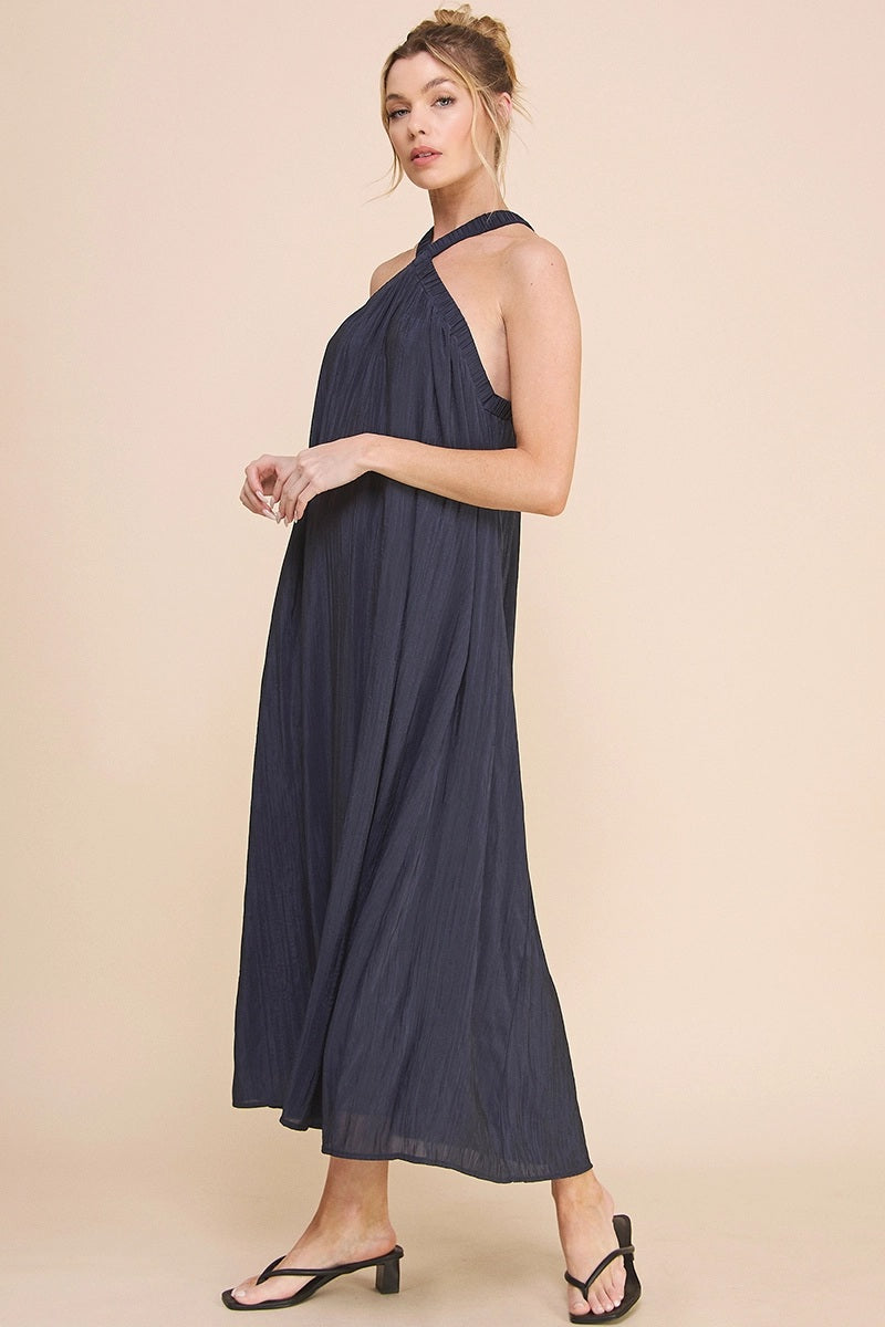 Flowy Textured Halter Neck Maxi Dress