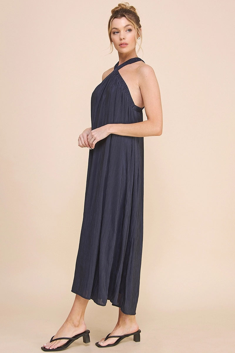 Flowy Textured Halter Neck Maxi Dress