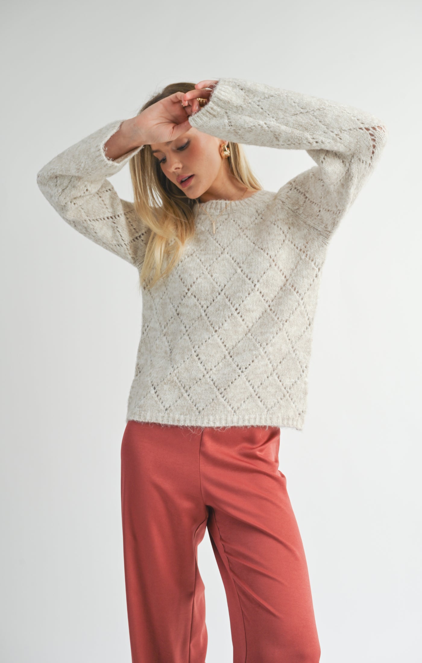 Sage The Label, Irisha Diamond Pointelle Sweater in Oatmeal - Boutique Dandelion