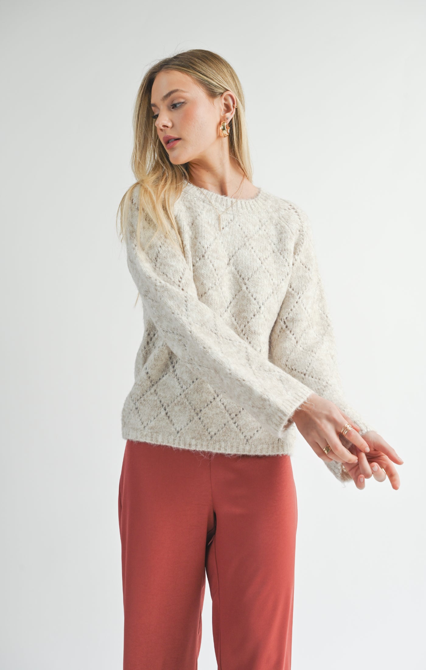 Sage The Label, Irisha Diamond Pointelle Sweater in Oatmeal - Boutique Dandelion