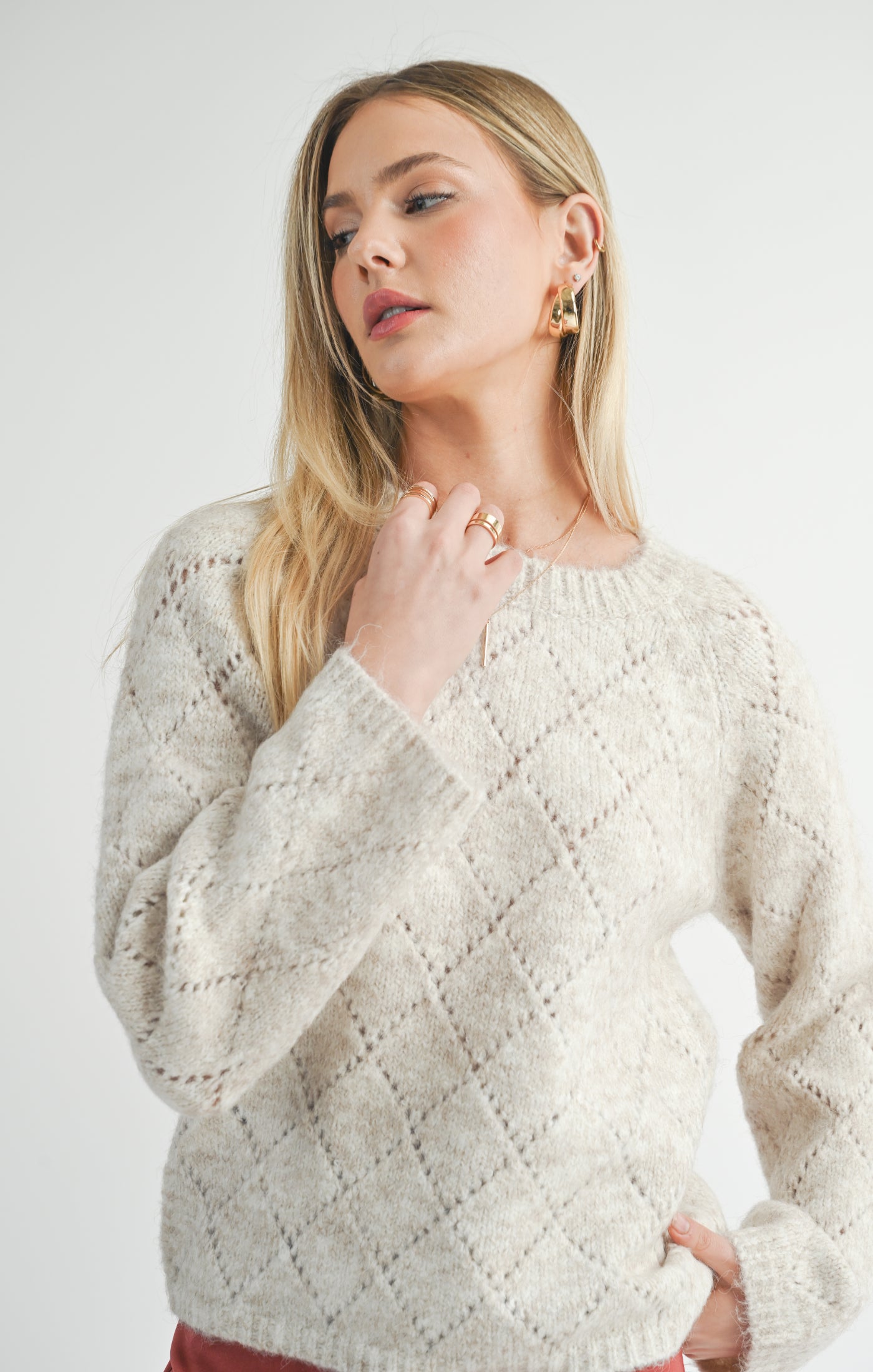 Sage The Label, Irisha Diamond Pointelle Sweater in Oatmeal - Boutique Dandelion