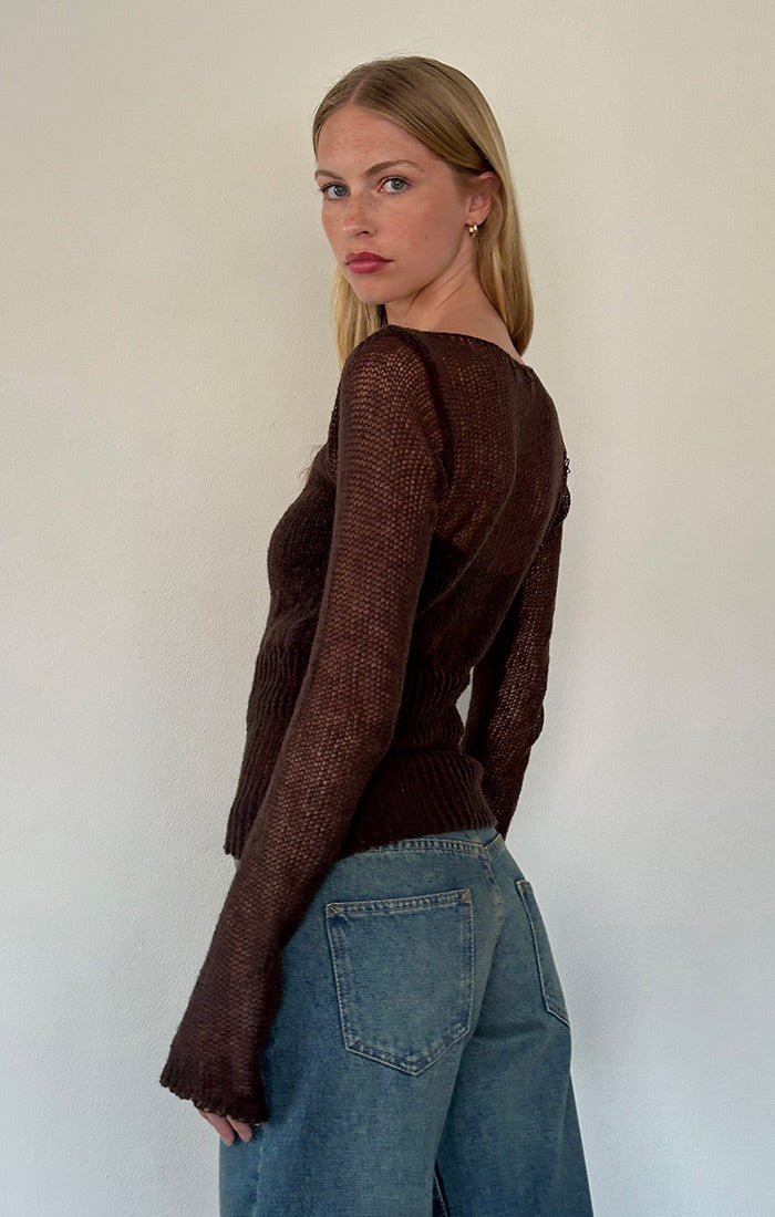 Motel Rocks, Manon Long Sleeve Sheer Knit Top in Chocolate Brown - Boutique Dandelion