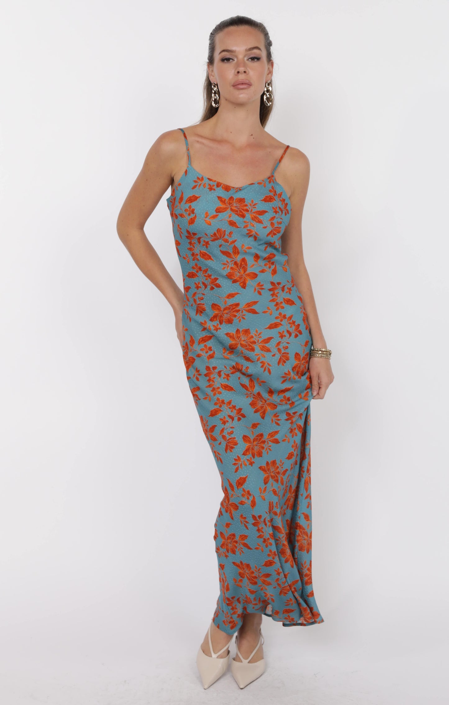 Off The Vine Printed Rayon Cowl Back Slip Dress
