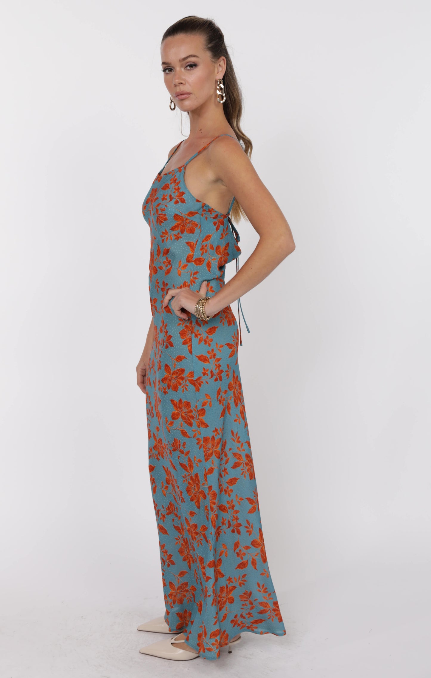 Off The Vine Printed Rayon Cowl Back Slip Dress