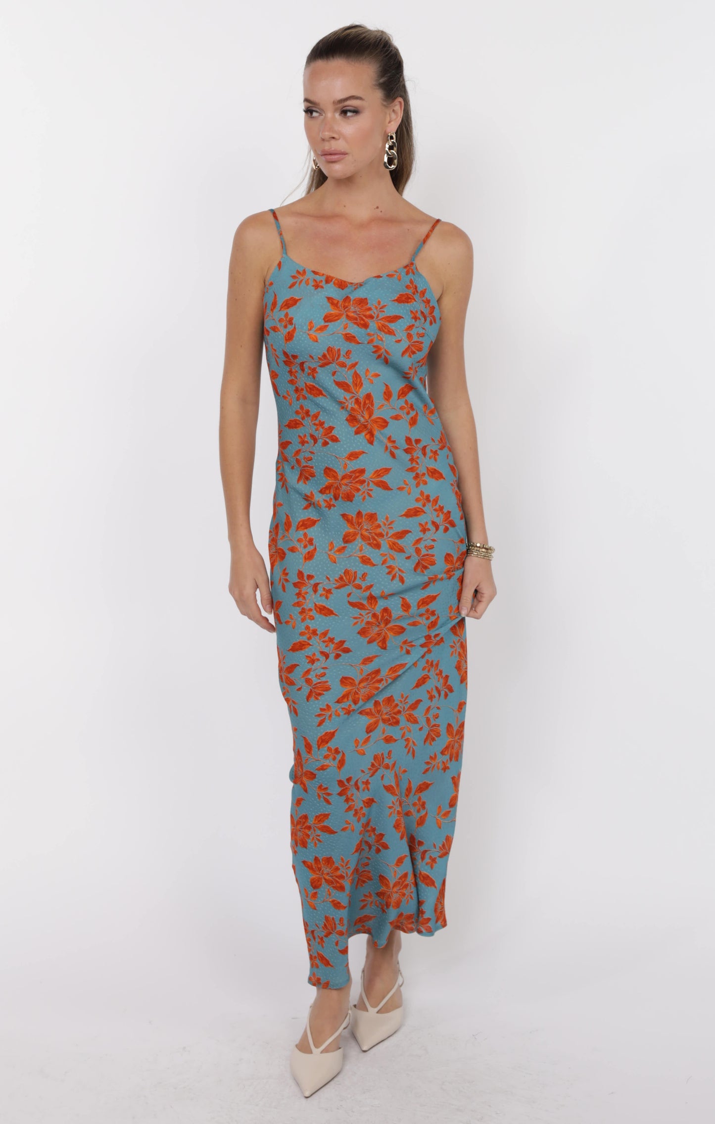 Off The Vine Printed Rayon Cowl Back Slip Dress