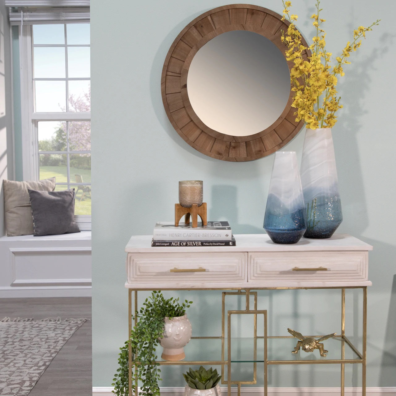 28" Round Wood Frame Wall Mirror