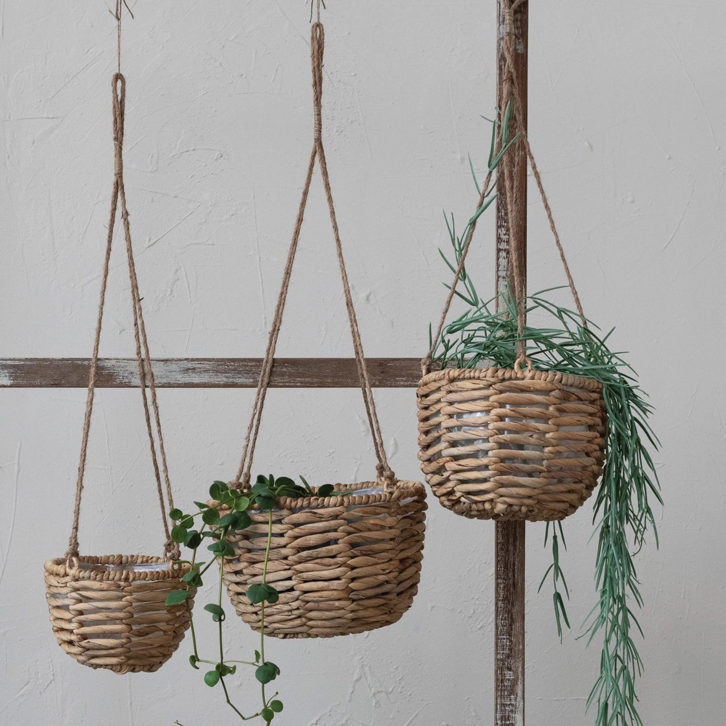 Hanging Water Hyacinth Planters with Plastic Liners and Jute Rope Hangers