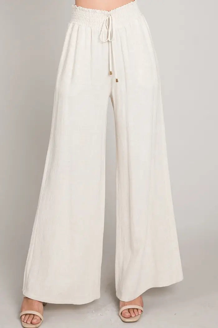 Allie Rose, Linen Smocked Waist Wide Leg Pants in Natural - Boutique Dandelion