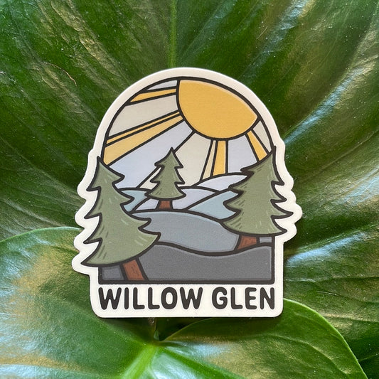 Little Hiker Bird, Willow Glen, San Jose, California - Vinyl Sticker - Dishwasher Safe Weather Resistant UV Protected - Evergreen Trees - Boutique Dandelion