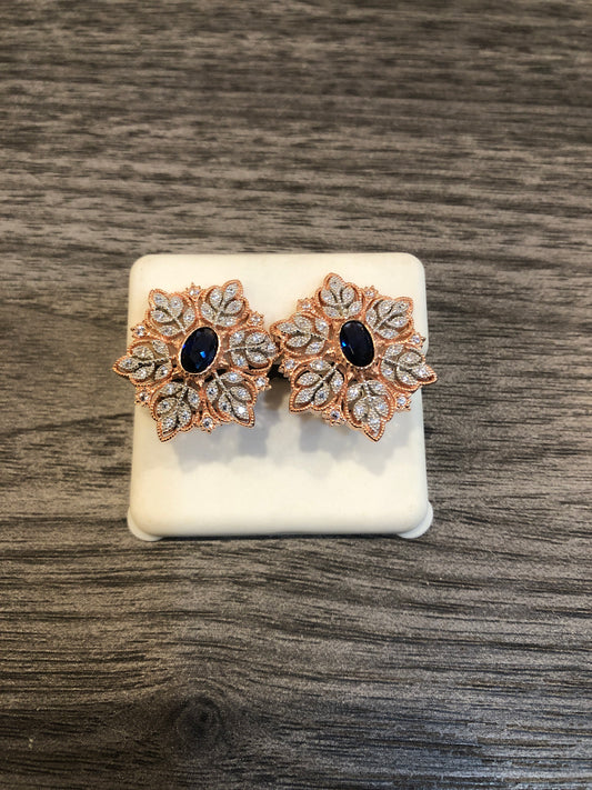 Blue Rose CZ Leaf Earrings
