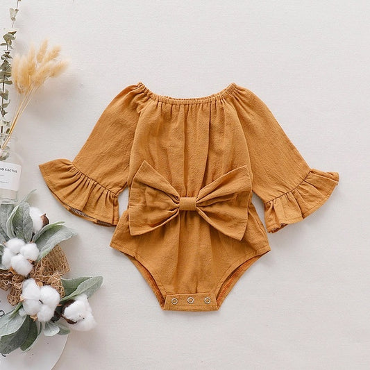 Long Sleeve Romper with Front Bowtie for Baby Girl