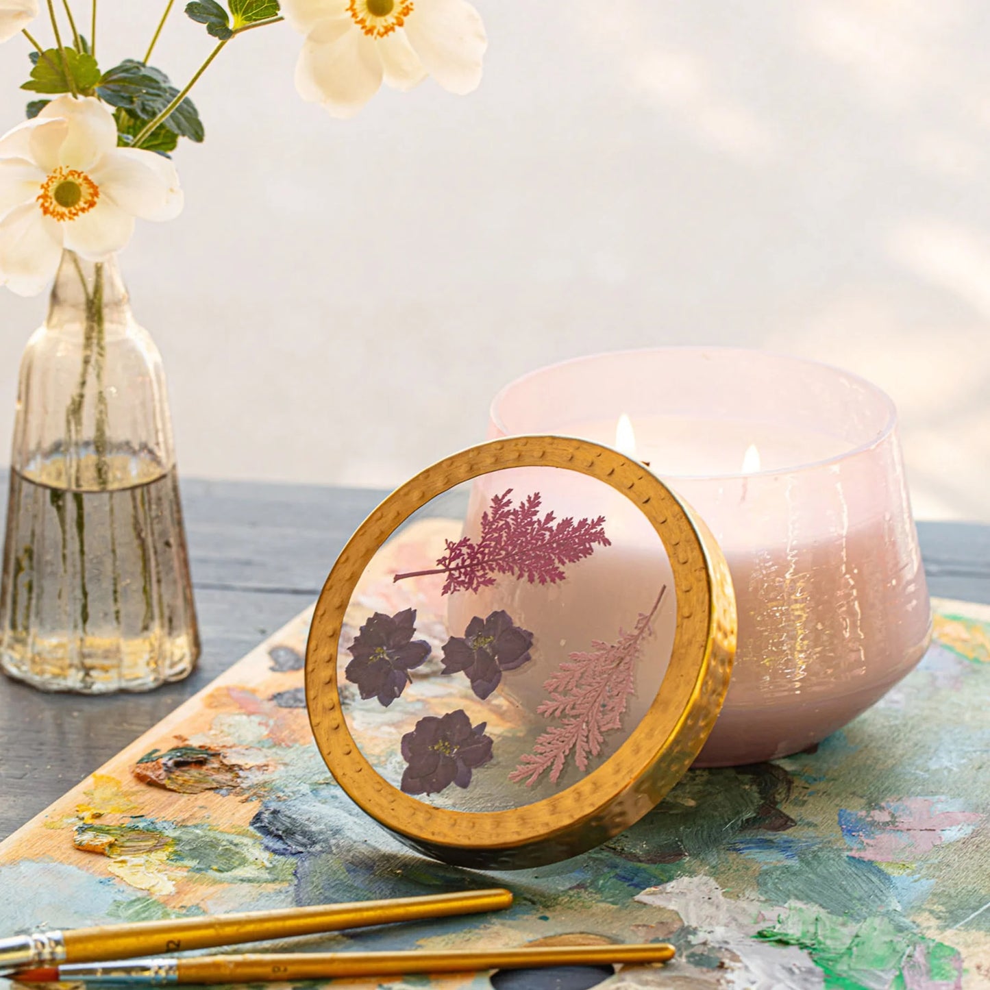 Rosy Rings, Large Blackberry & Coconut Watercolor Pressed Floral Candle 21 oz - Boutique Dandelion