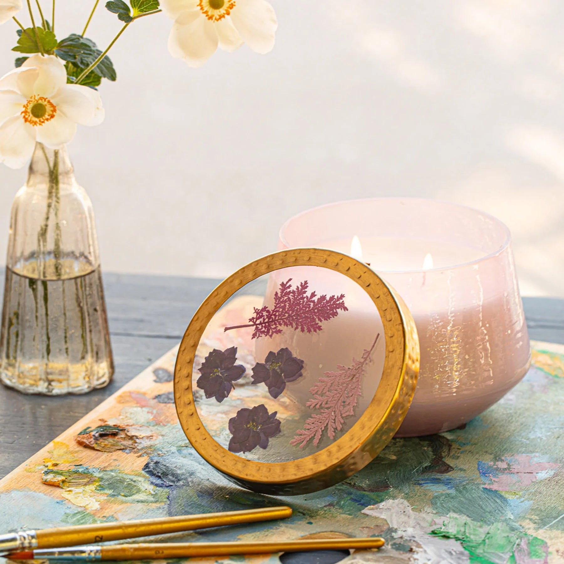 Rosy Rings, Large Blackberry & Coconut Watercolor Pressed Floral Candle 21 oz - Boutique Dandelion