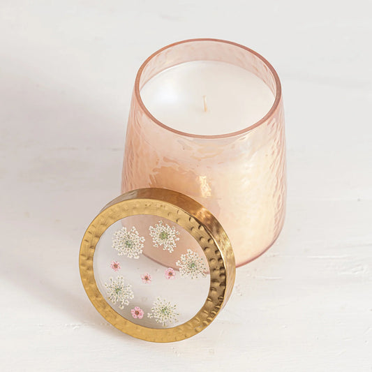 Rosy Rings, Tall Rose + Oud Watercolor Pressed Floral Candle 12 oz - Boutique Dandelion